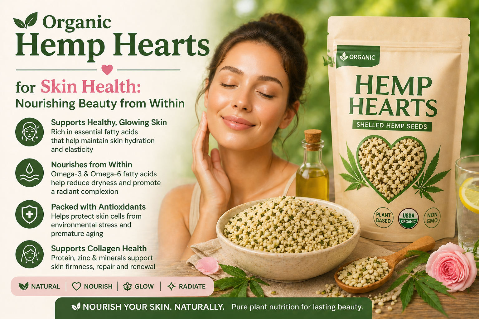 Organic Hemp Hearts for Skin Health: Nourishing Beauty from Within 5 Organic hemp hearts in a wooden bowl for skin health nutrition